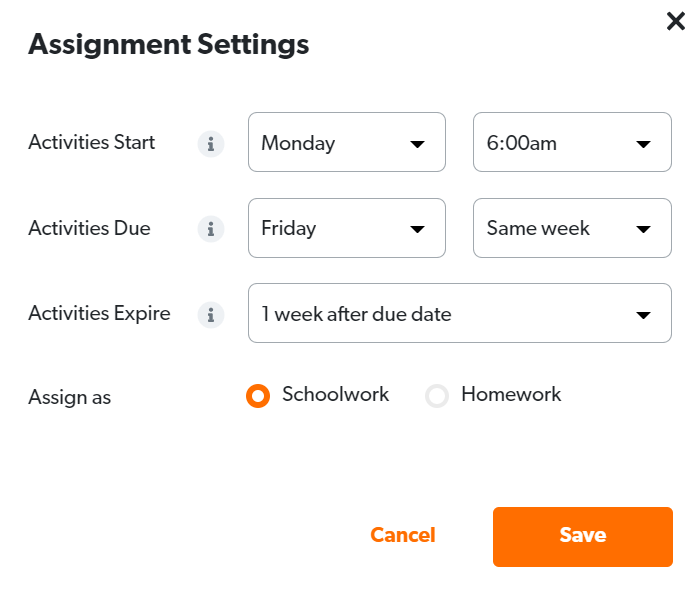 Assignment settings