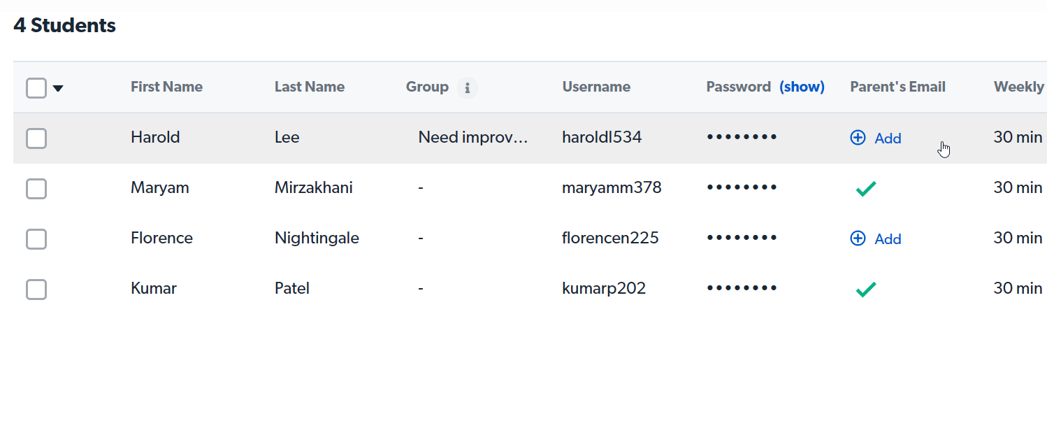 Click '+Add' next to the student to whom you want to add a parent's email.