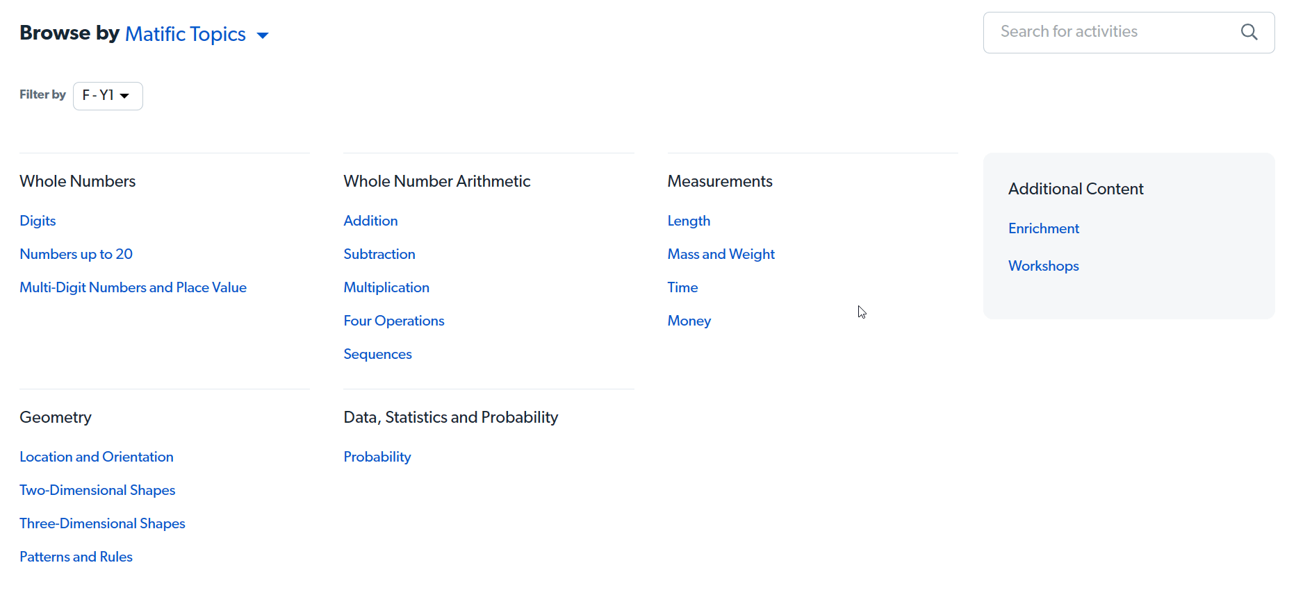 Browse activities matific help
