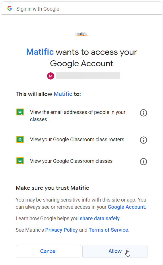 Allow access to google account