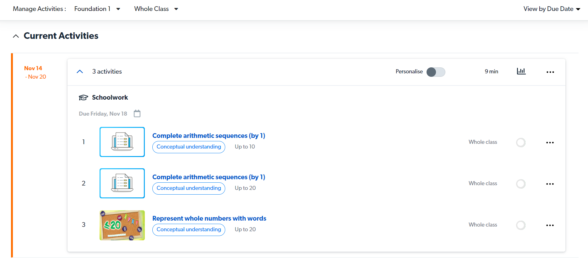 You can click on Current Activities tab to view the activities that you have assigned for your class currently.