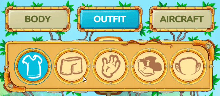 Personalize a roupa do personagem: parte de cima, parte de baixo, luvas, calçados e chapéus