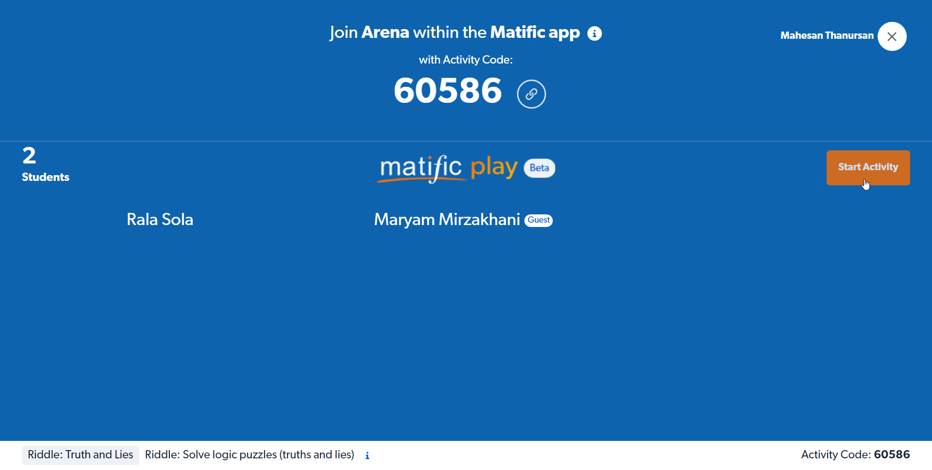 Arena waiting screen teacher