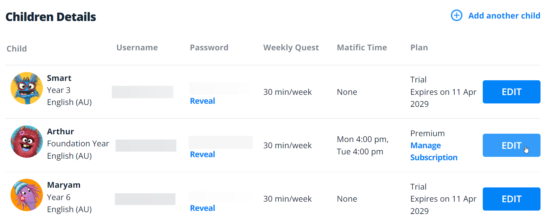 Clique em 'Editar' ao lado dos detalhes da criança cujo idioma você deseja alterar